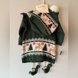 Nicole Miller Green Knit Dress and Hat Set with Reindeer Pattern NWT 6/9 month